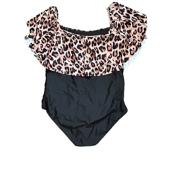 NWOT Leopard One Piece Swimsuit Off Shoulder Womens Large No Brand Nylon Spandex - Picture 2 of 7
